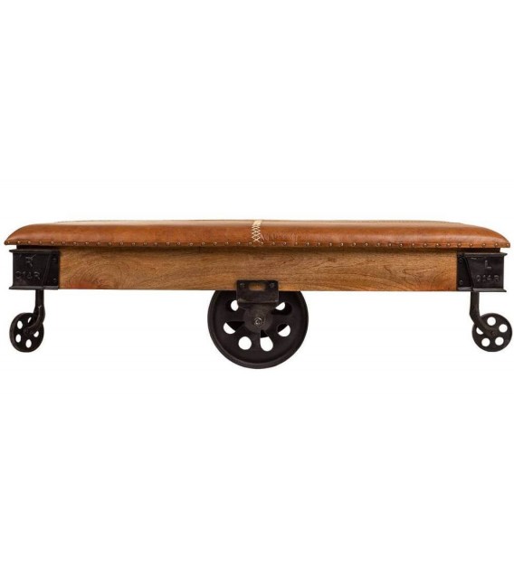 Mesa centro rectangular madera cuero hierro industrial ruedas 1