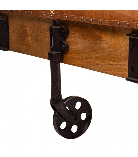 Mesa centro rectangular madera cuero hierro industrial ruedas 3