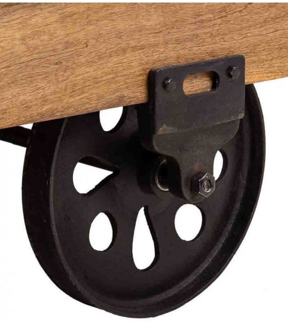 Mesa centro rectangular madera cuero hierro industrial ruedas 5