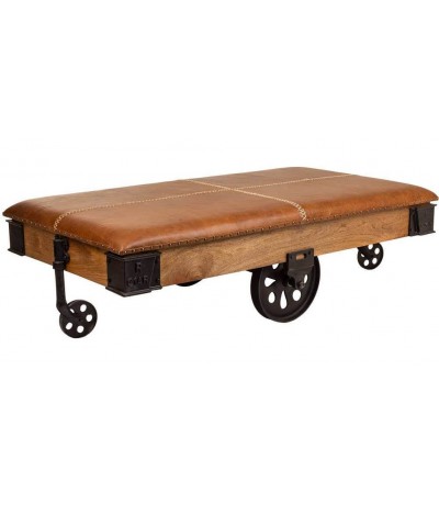 Mesa centro rectangular madera cuero hierro industrial ruedas