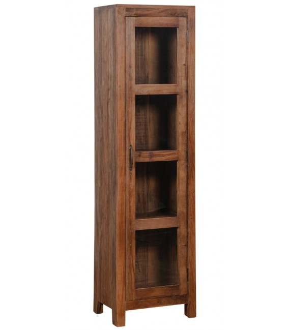 Vitrina estrecha 1 puerta cristal madera maciza de acacia nogal boho
