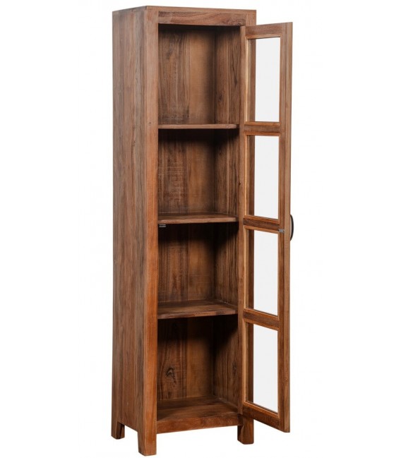 Vitrina estrecha 1 puerta cristal madera maciza de acacia nogal boho 2