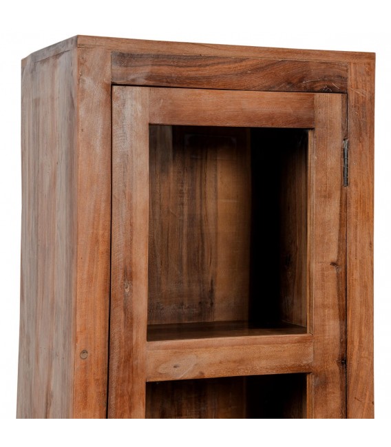 Vitrina estrecha 1 puerta cristal madera maciza de acacia nogal boho 3