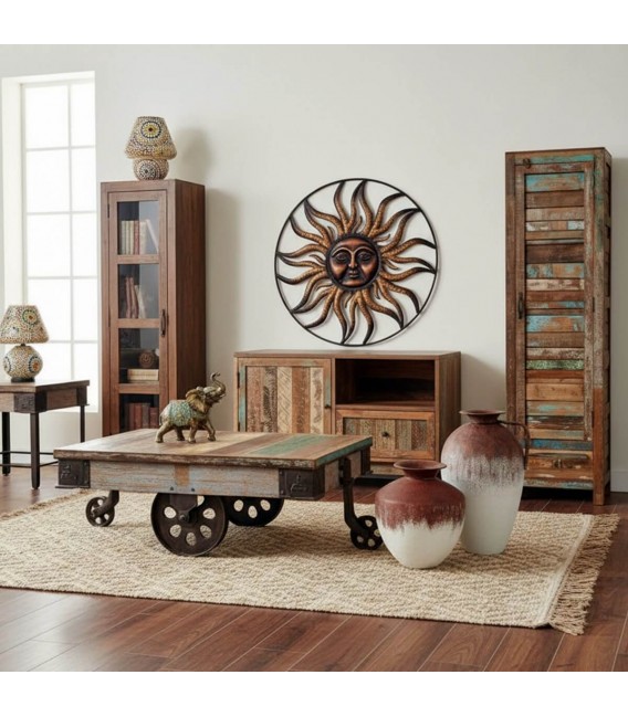 Vitrina estrecha 1 puerta cristal madera maciza de acacia nogal boho 4