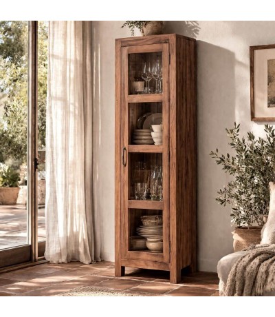 Vitrina estrecha 1 puerta cristal madera maciza de acacia nogal boho Mmdhogar