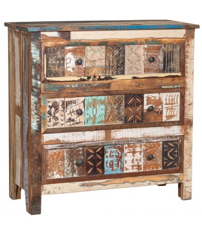 Cómoda pequeña madera maciza decapada multicolor 3 cajones vintage