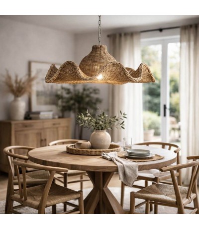 Lámpara techo XL ratán natural ondulada artesanal estilo ibicenco Mdmhogar