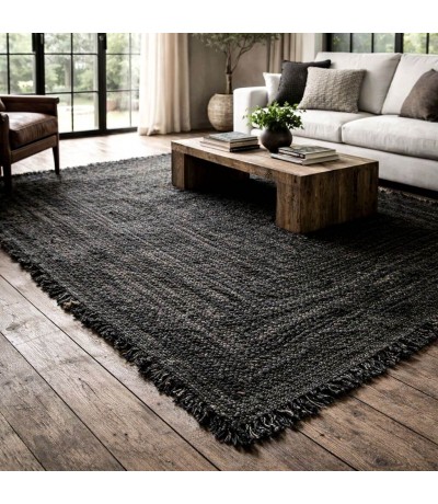 Alfombra rectangular grande yute color negro grande artesanal Mdmhogar