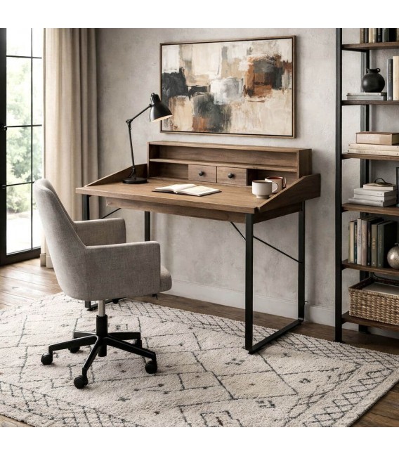 Mesa escritorio industrial con dos cajones madera metal negro Mdmhogar