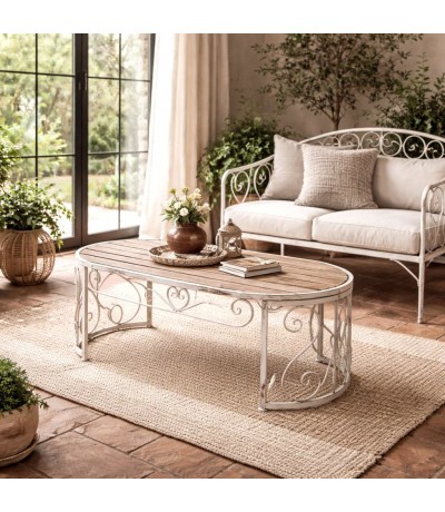 Mesa de centro ovalada metal decapado blanco madera natural romántica Mdmhogar