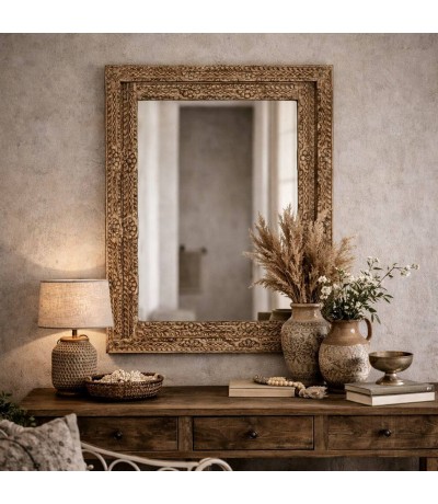 Espejo rectangular de madera de mango tallado a mano estilo boho Mdmhogar
