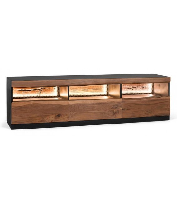 Mueble TV acacia de tres cajones luz LED natural negro moderno