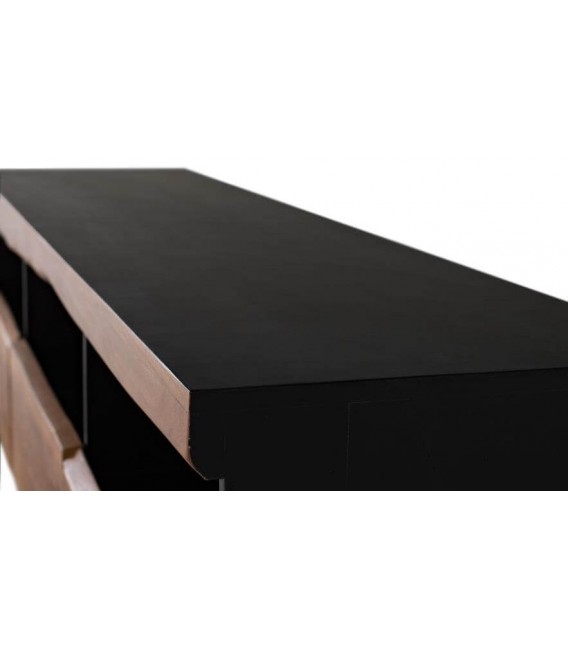 Mueble TV acacia de tres cajones luz LED natural negro moderno 2