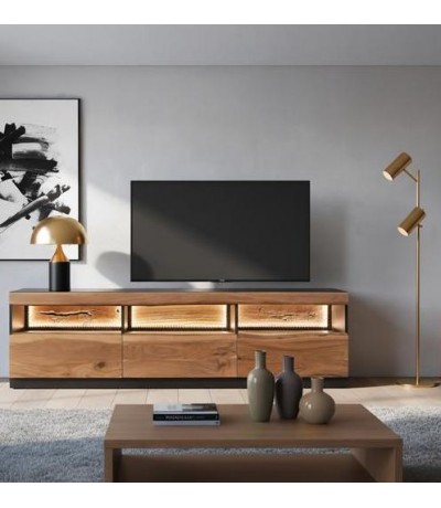 Mueble TV acacia de tres cajones luz LED natural negro moderno Mdmhogar