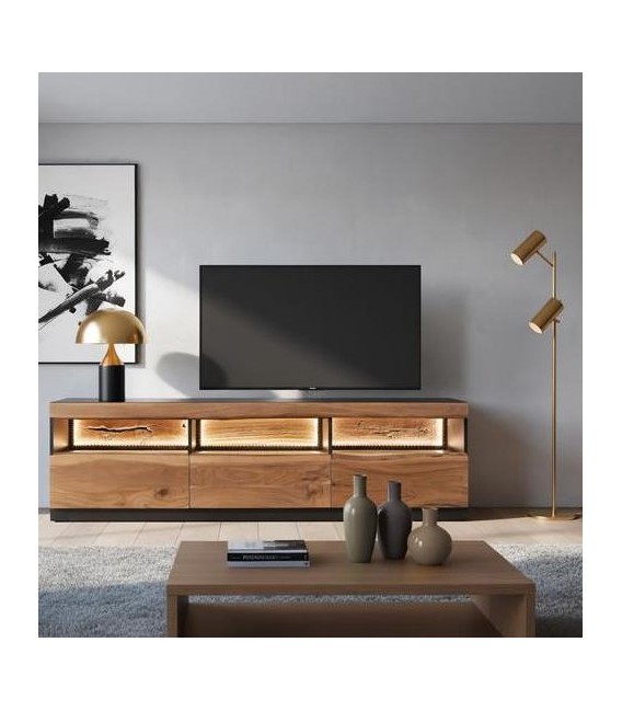 Mueble TV acacia de tres cajones luz LED natural negro moderno Mdmhogar