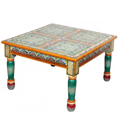 MESA DE CENTRO PEQUEÑA 80 X 80 X 50 PORLAS MADERA MACIZA DECORADA A MANO