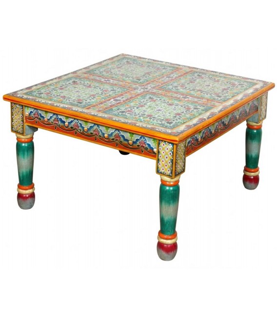 MESA DE CENTRO PEQUEÑA 80 X 80 X 50 PORLAS MADERA MACIZA DECORADA A MANO