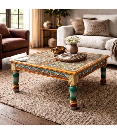 Mesa centro pequeña cuadrada mango decorada a mano estilo étnico Mdmhogar