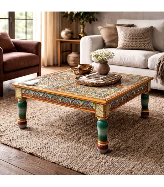 Mesa centro pequeña cuadrada mango decorada a mano estilo étnico Mdmhogar