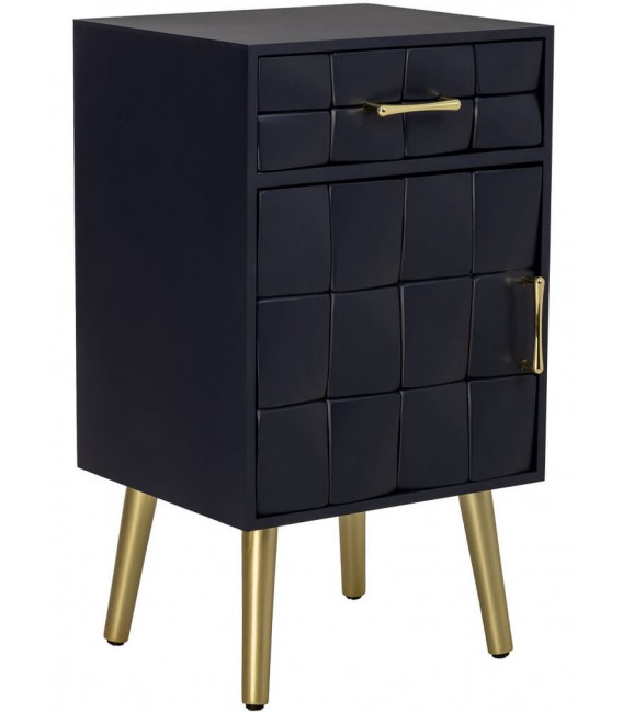 Mesita noche azul marino art deco una puerta 1 cajón dorado