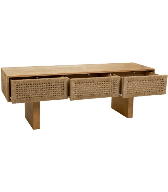 Mueble TV estilo oriental de madera y cuerda con tres cajones 2