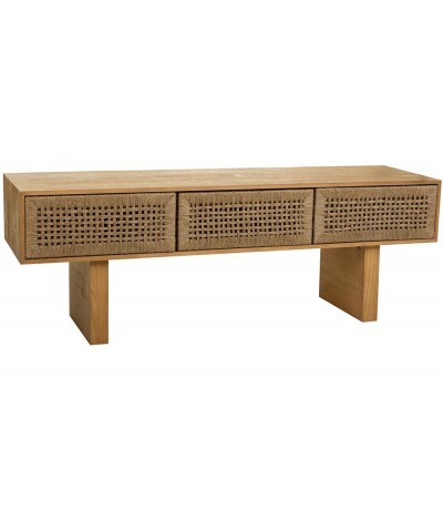 Mueble TV estilo oriental de madera y cuerda con tres cajones