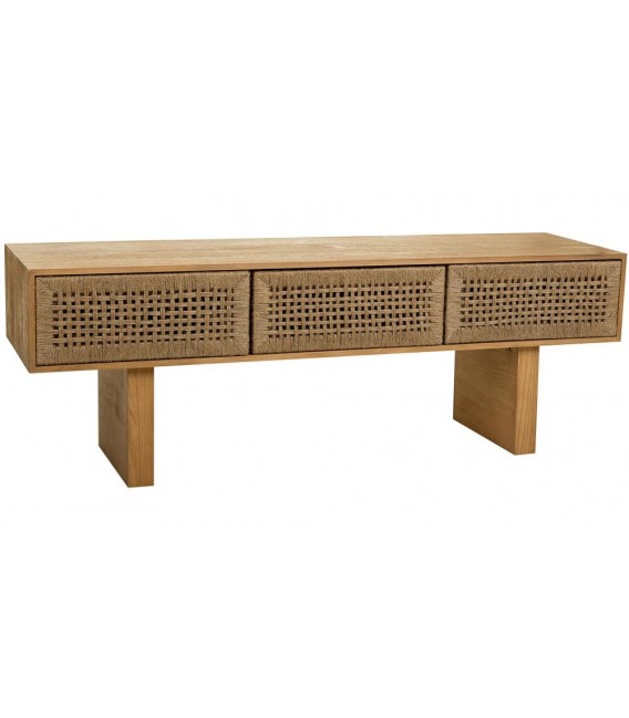 Mueble TV estilo oriental de madera y cuerda con tres cajones