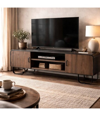 Mueble TV madera color nogal metal negro con dos puertas industrial Mdmhogar