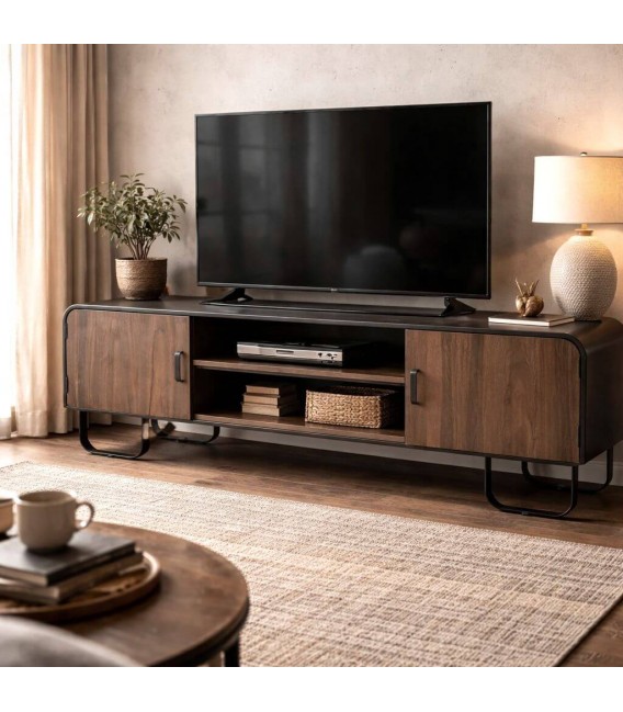 Mueble TV madera color nogal metal negro con dos puertas industrial Mdmhogar