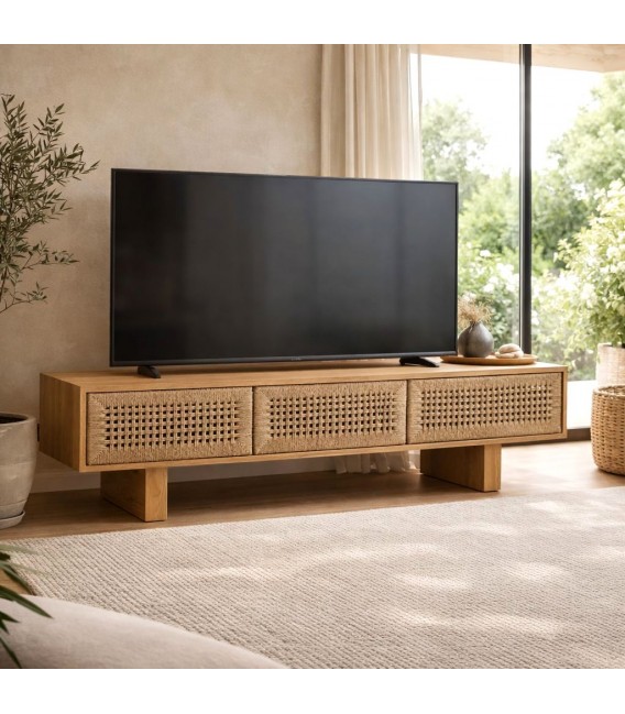 Mueble TV estilo oriental de madera y cuerda con tres cajones Mdmhogar