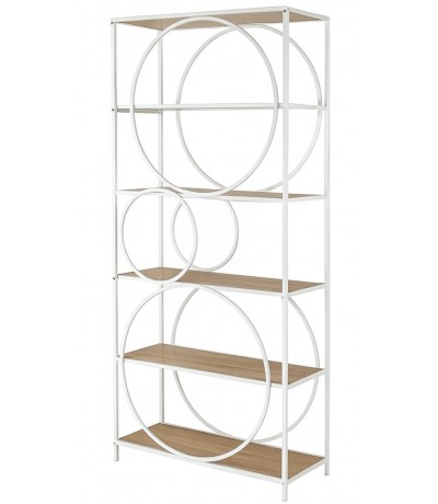 Estantería boho chic de madera natural y metal blanco con aros