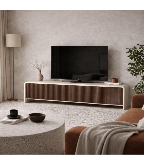 Mueble TV con 4 puertas de madera de mango color blanco y nogal mdmhogar