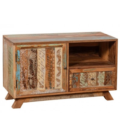 Mueble TV pequeño madera tallada decapada multicolor estilo vintage Mdmhogar