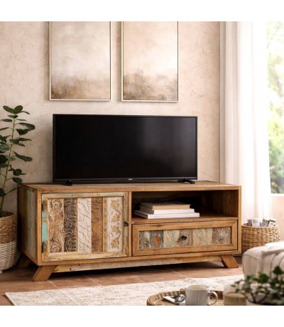 Mueble TV pequeño madera tallada decapada multicolor estilo vintage Mdmhogar