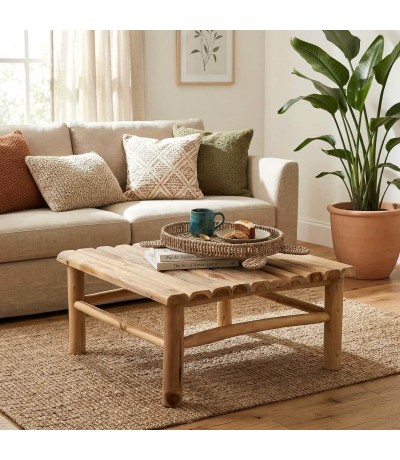 Mesa centro cuadrada pequeña madera maciza teca natural boho Mdmhogar