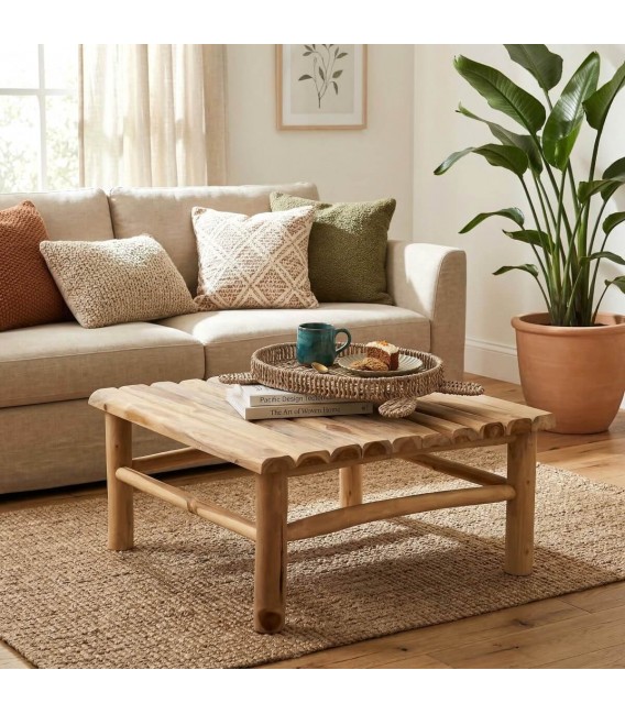 Mesa centro cuadrada pequeña madera maciza teca natural boho Mdmhogar