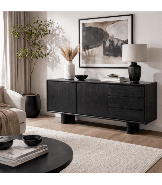Aparador madera mindi color negro con dos puertas y tres cajones mdmhogar