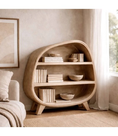 Estantería baja estilo boho de madera marron acabado efecto yeso Mdmhogar