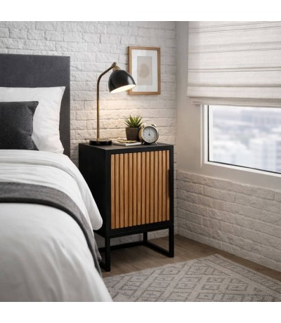 Mesita de noche  estilo industrial de madera y metal en negro Mdmhogar