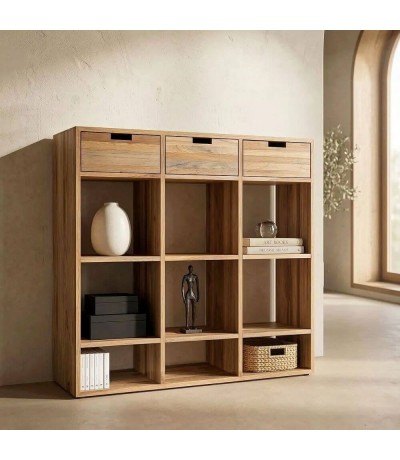 Estantería madera maciza de teca reciclada 3 cajones natural mdmhogar