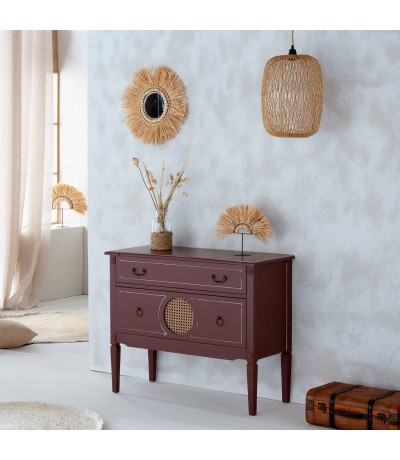 Cómoda de madera color nogal ratán dos cajones estilo clásico mdmhogar