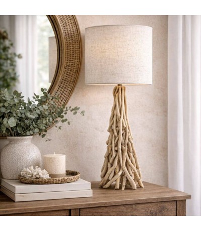 Lámpara sobremesa alta madera de morera natural lino beige Mdmhogar