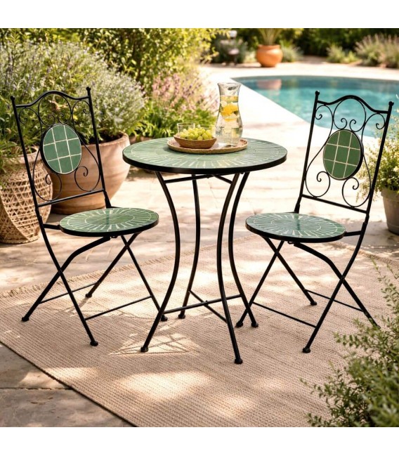 Set mesa y 2 sillas plegables exterior metal cerámica verde clásico Mdmhogar