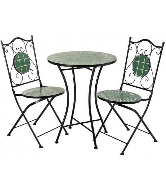 Set mesa y 2 sillas plegables exterior metal cerámica verde clásico