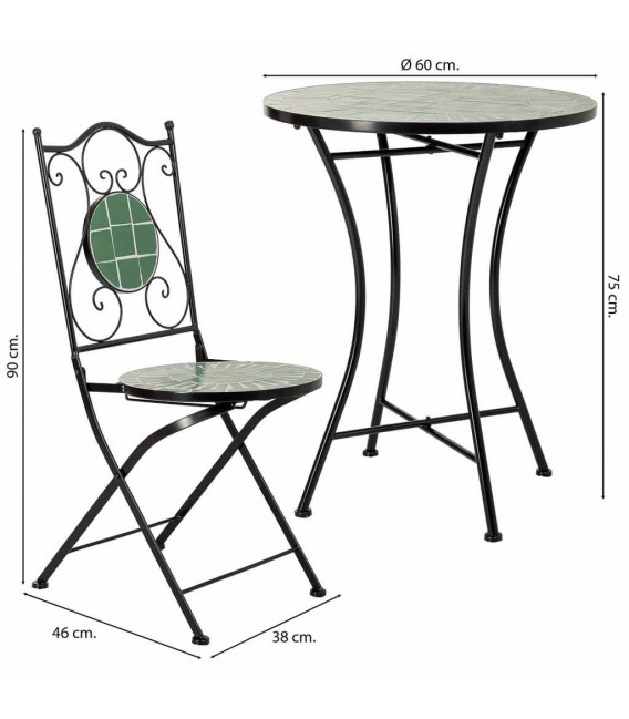 Set mesa y 2 sillas plegables exterior metal cerámica verde clásico 7