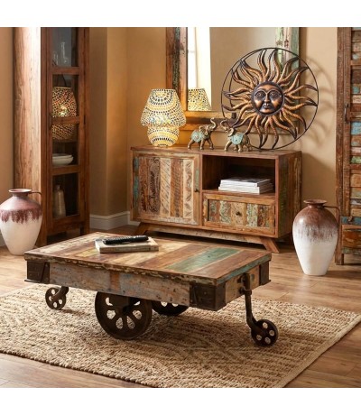 Mesa de centro rectangular grande madera reciclada y metal vintage Mdmhogar