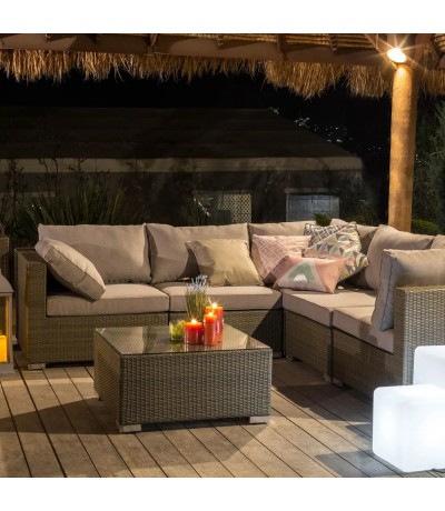 Sofá rinconera de exterior ratán natural con mesa de cristal mdmhogar