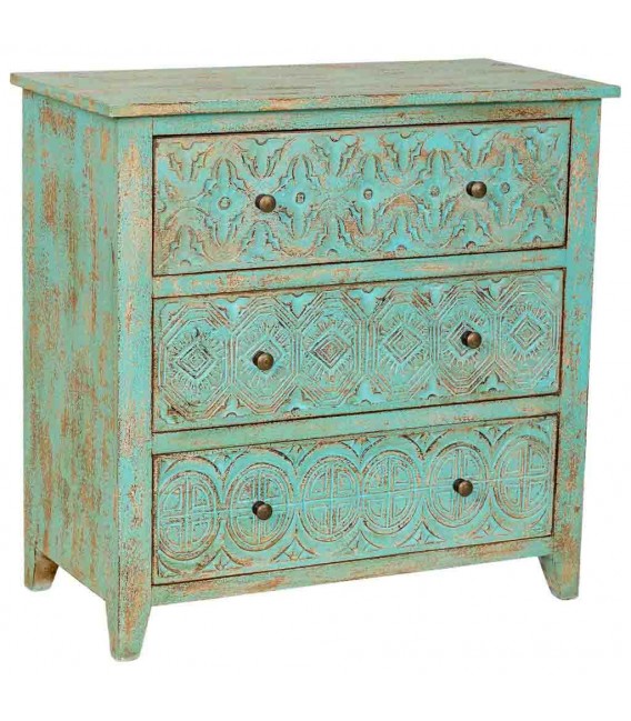 Cómoda madera maciza de mango tallada verde decapada clásico vintage