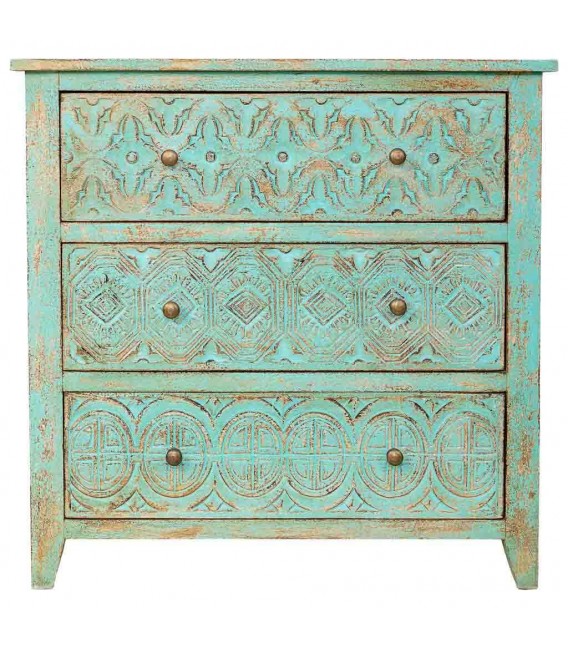 Cómoda madera maciza de mango tallada verde decapada clásico vintage 1