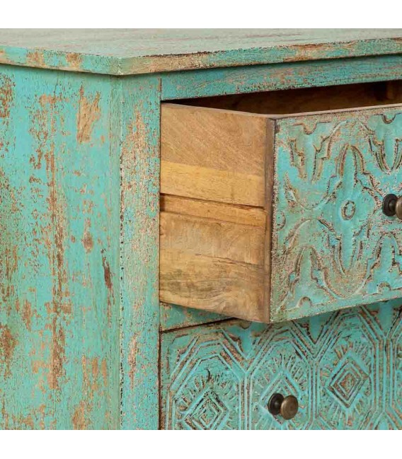 Cómoda madera maciza de mango tallada verde decapada clásico vintage 4